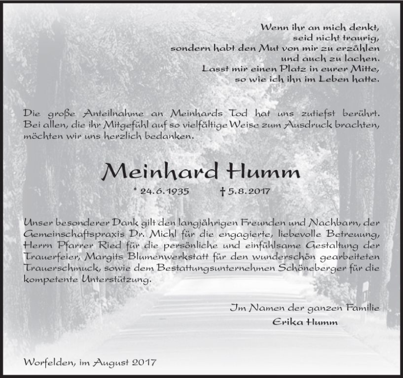  Traueranzeige für Meinhard Humm vom 26.08.2017 aus Trauerportal Echo Online