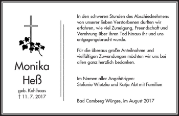 Traueranzeige von Monika Heß von  Camberger Anzeiger