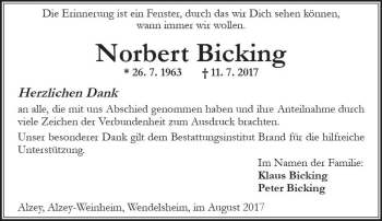 Traueranzeige von Norbert Bicking von Trauerportal Rhein Main Presse