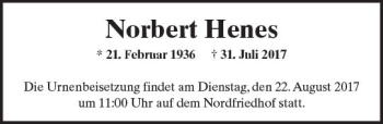 Traueranzeige von Norbert Henes von Trauerportal Rhein Main Presse