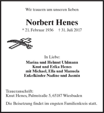 Traueranzeige von Norbert Henes von Trauerportal Rhein Main Presse