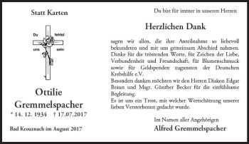 Traueranzeige von Ottilie Gremmelspacher von Trauerportal Rhein Main Presse