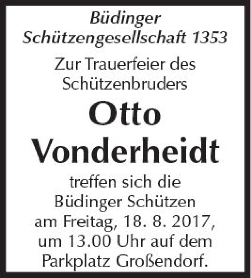  Traueranzeige für Otto Vonderheidt vom 17.08.2017 aus  Kreisanzeiger