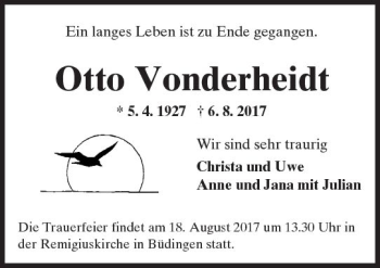 Traueranzeige von Otto Vonderheidt von  Kreisanzeiger