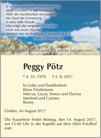 Traueranzeige von Peggy Pötz von  Gießener Anzeiger