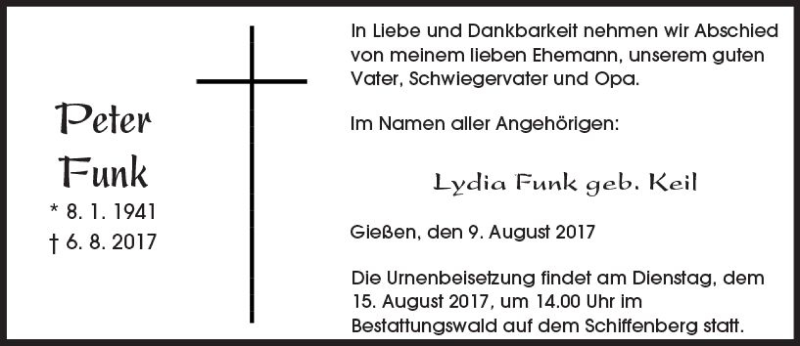  Traueranzeige für Peter Funk vom 09.08.2017 aus  Gießener Anzeiger