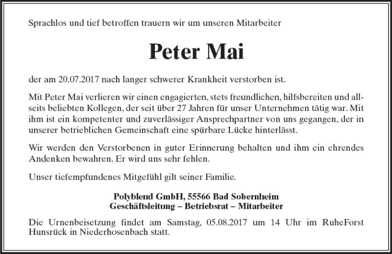  Traueranzeige für Peter Mai vom 03.08.2017 aus Trauerportal Rhein Main Presse