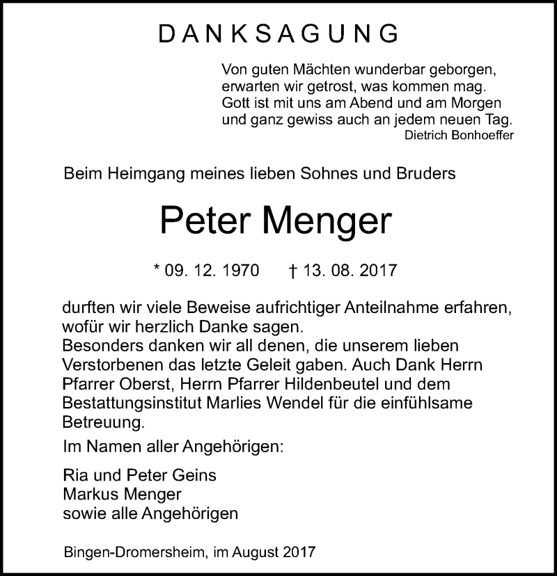  Traueranzeige für Peter Menger vom 23.08.2017 aus Trauerportal Rhein Main Presse