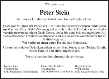 Traueranzeige von Peter Stein von Trauerportal Echo Online