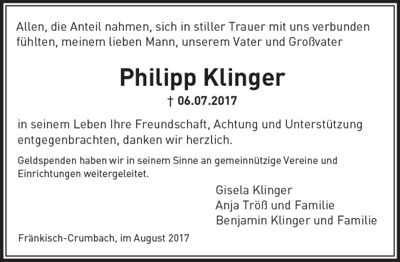  Traueranzeige für Philipp Klinger vom 12.08.2017 aus Trauerportal Rhein Main Presse