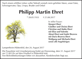 Traueranzeige von Philipp Martin Ehret von Trauerportal Echo Online