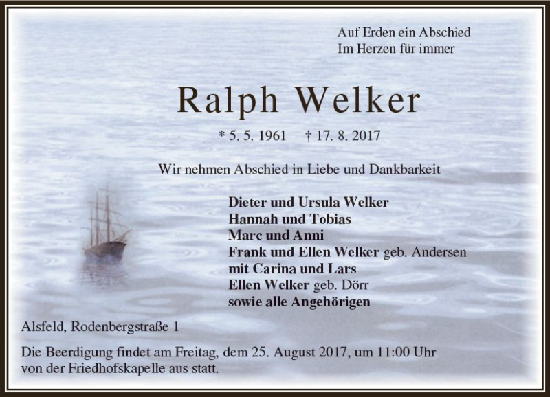  Traueranzeige für Ralph Welker vom 23.08.2017 aus VRM Trauer