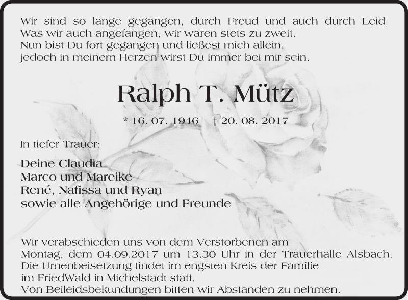  Traueranzeige für Ralph T. Mütz vom 30.08.2017 aus Trauerportal Rhein Main Presse