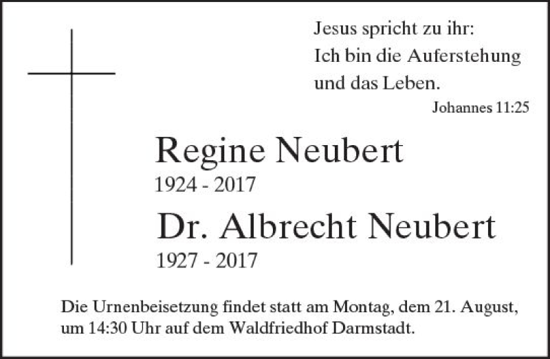  Traueranzeige für Regine und Albrecht Neubert vom 16.08.2017 aus Trauerportal Echo Online