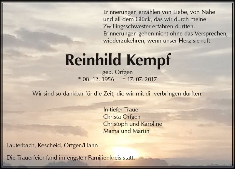  Traueranzeige für Reinhild Kempf vom 01.08.2017 aus VRM Trauer