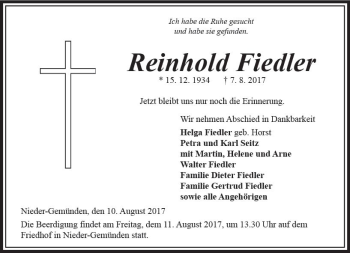 Traueranzeige von Reinhold Fiedler von VRM Trauer