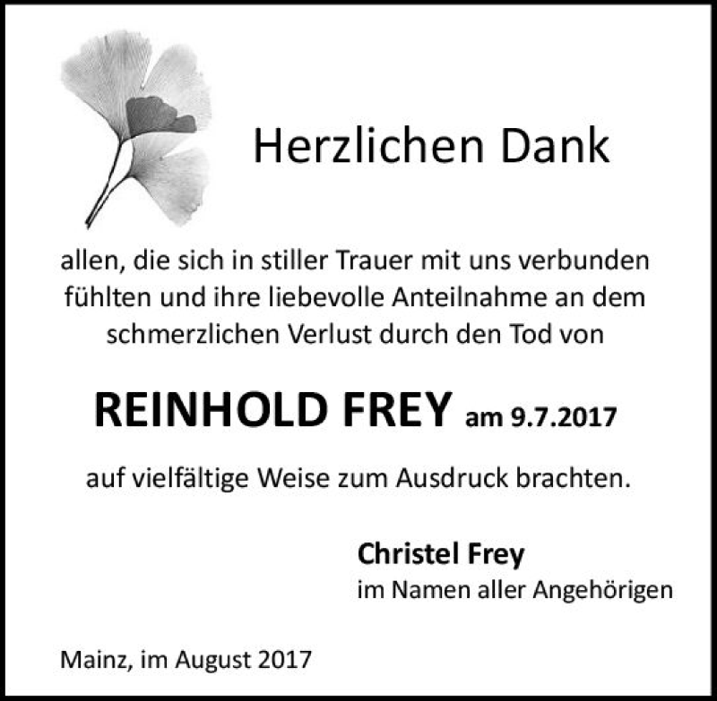  Traueranzeige für Reinhold Frey vom 05.08.2017 aus Trauerportal Rhein Main Presse
