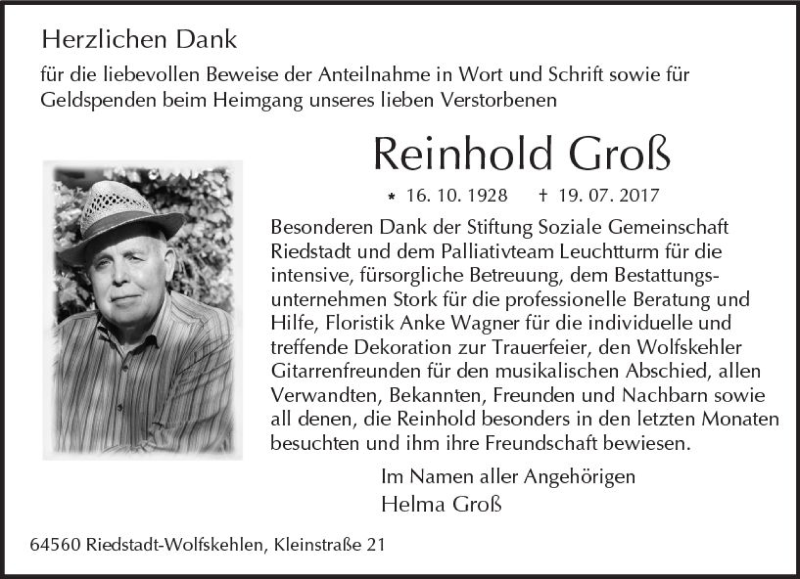  Traueranzeige für Reinhold Groß vom 26.08.2017 aus Trauerportal Echo Online