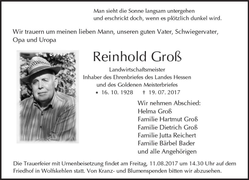  Traueranzeige für Reinhold Groß vom 05.08.2017 aus Trauerportal Echo Online