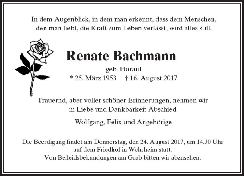  Traueranzeige für Renate Bachmann vom 22.08.2017 aus  Usinger Anzeiger