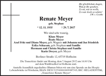 Traueranzeige von Renate Meyer von Trauerportal Rhein Main Presse