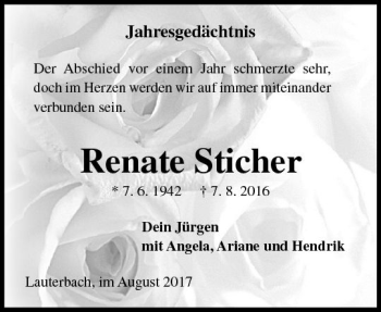 Traueranzeige von Renate Sticher von VRM Trauer
