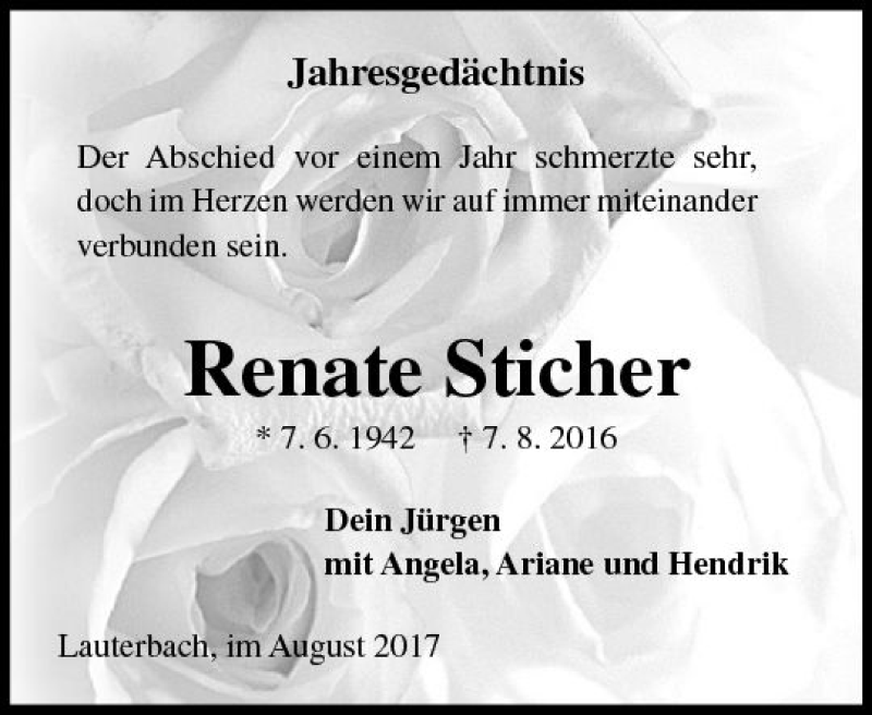  Traueranzeige für Renate Sticher vom 07.08.2017 aus VRM Trauer