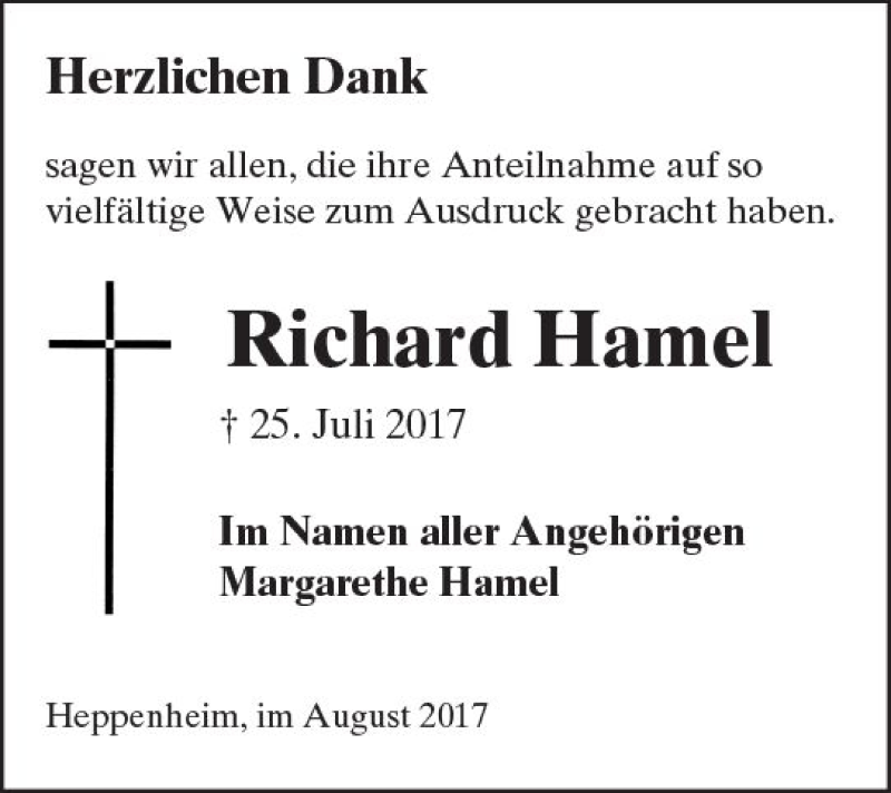  Traueranzeige für Richard Hamel vom 26.08.2017 aus Trauerportal Echo Online