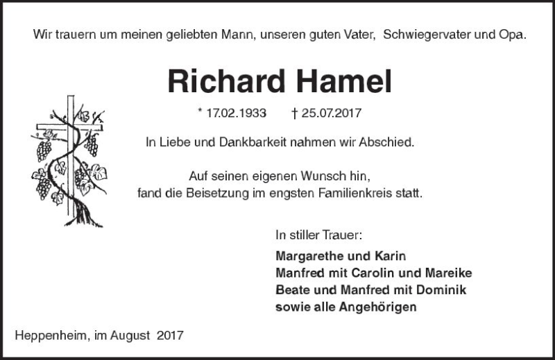  Traueranzeige für Richard Hamel vom 05.08.2017 aus Trauerportal Echo Online