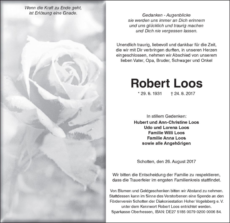  Traueranzeige für Robert Loos vom 26.08.2017 aus  Kreisanzeiger