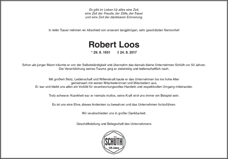  Traueranzeige für Robert Loos vom 26.08.2017 aus  Kreisanzeiger