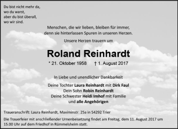Traueranzeige von Roland Reinhardt von Trauerportal Rhein Main Presse