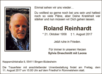 Traueranzeige von Roland Reinhardt von Trauerportal Rhein Main Presse