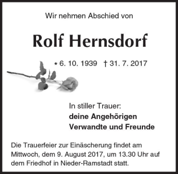 Traueranzeige von Rolf Hernsdorf von Trauerportal Echo Online