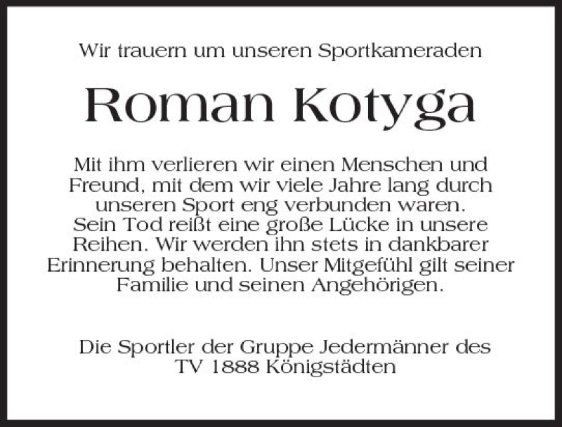  Traueranzeige für Roman Kotyga vom 26.08.2017 aus Trauerportal Rhein Main Presse