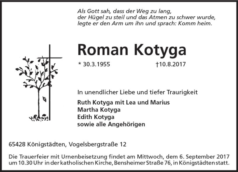  Traueranzeige für Roman Kotyga vom 26.08.2017 aus Trauerportal Rhein Main Presse