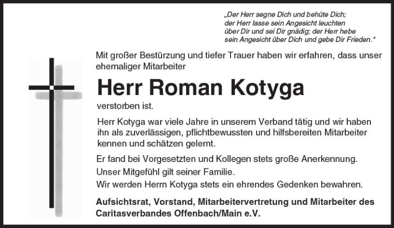  Traueranzeige für Roman Kotyga vom 26.08.2017 aus Trauerportal Rhein Main Presse