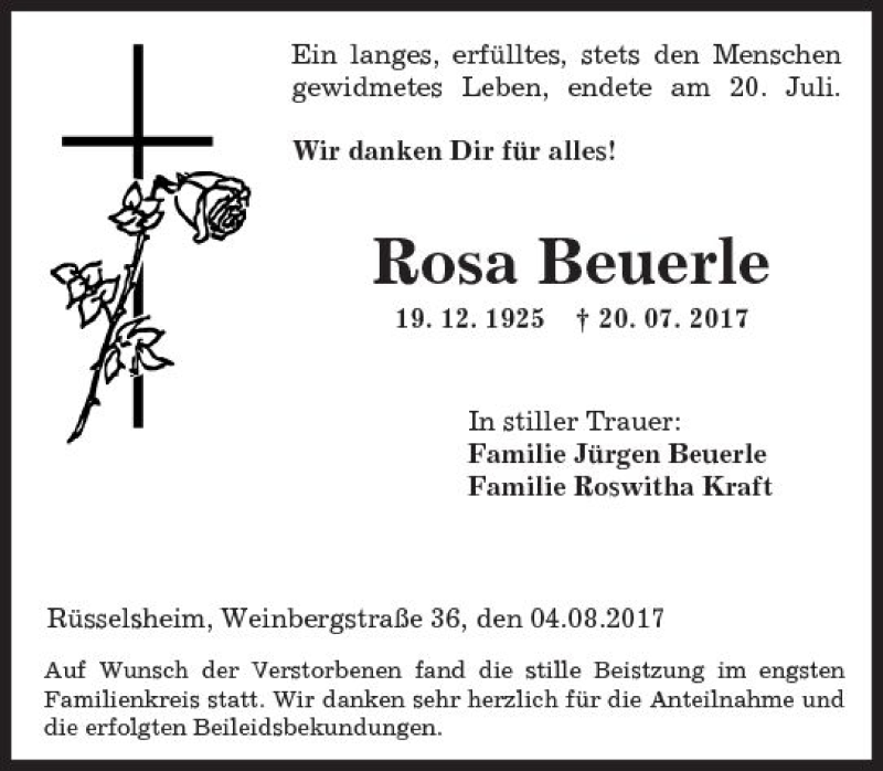  Traueranzeige für Rosa Beuerle vom 05.08.2017 aus Trauerportal Rhein Main Presse