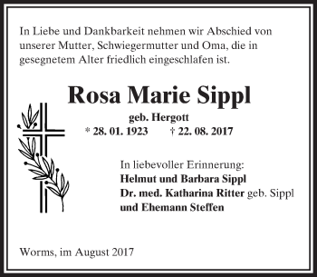 Traueranzeige von Rosa Marie Sippl von Trauerportal Rhein Main Presse