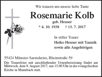 Traueranzeige von Rosemarie Kolb von Trauerportal Rhein Main Presse
