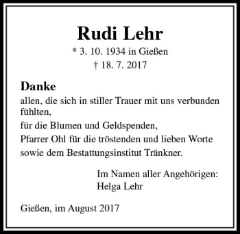Traueranzeige von Rudi Lehr von  Gießener Anzeiger