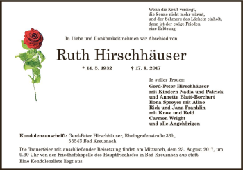 Traueranzeige von Ruth Hirschhäuser von Trauerportal Rhein Main Presse