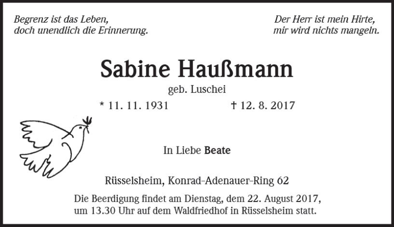  Traueranzeige für Sabine Haußmann vom 16.08.2017 aus Trauerportal Rhein Main Presse