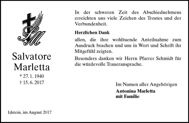  Traueranzeige für Salvatore Marletta vom 05.08.2017 aus Trauerportal Rhein Main Presse