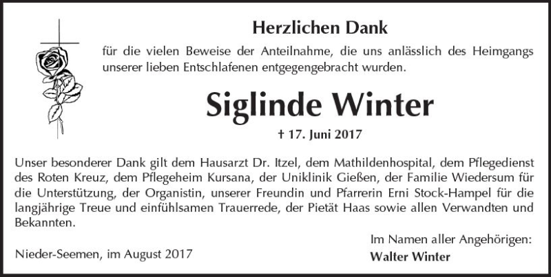  Traueranzeige für Siglinde Winter vom 12.08.2017 aus  Kreisanzeiger