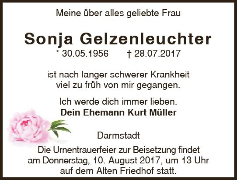  Traueranzeige für Sonja Gelzenleuchter vom 05.08.2017 aus Trauerportal Echo Online