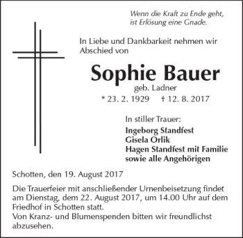 Traueranzeige von Sophie Bauer von  Kreisanzeiger