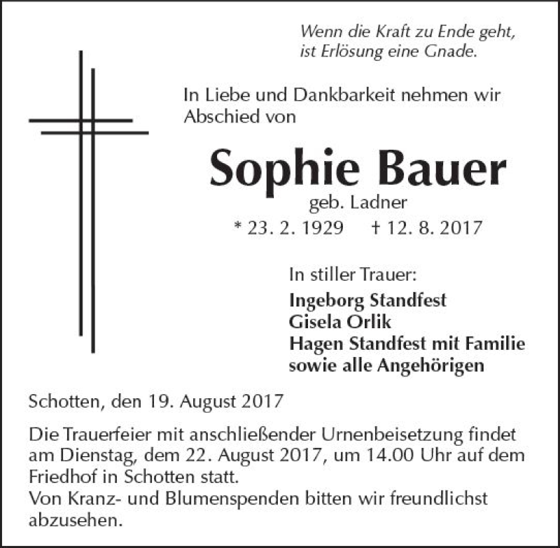  Traueranzeige für Sophie Bauer vom 19.08.2017 aus  Kreisanzeiger