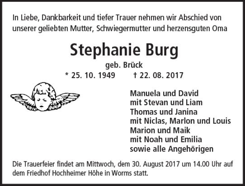  Traueranzeige für Stephanie Burg vom 29.08.2017 aus Trauerportal Rhein Main Presse