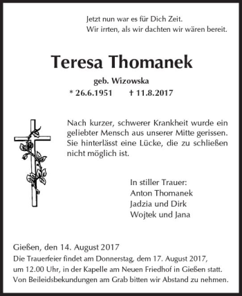 Traueranzeige von Teresa Thomanek von  Gießener Anzeiger